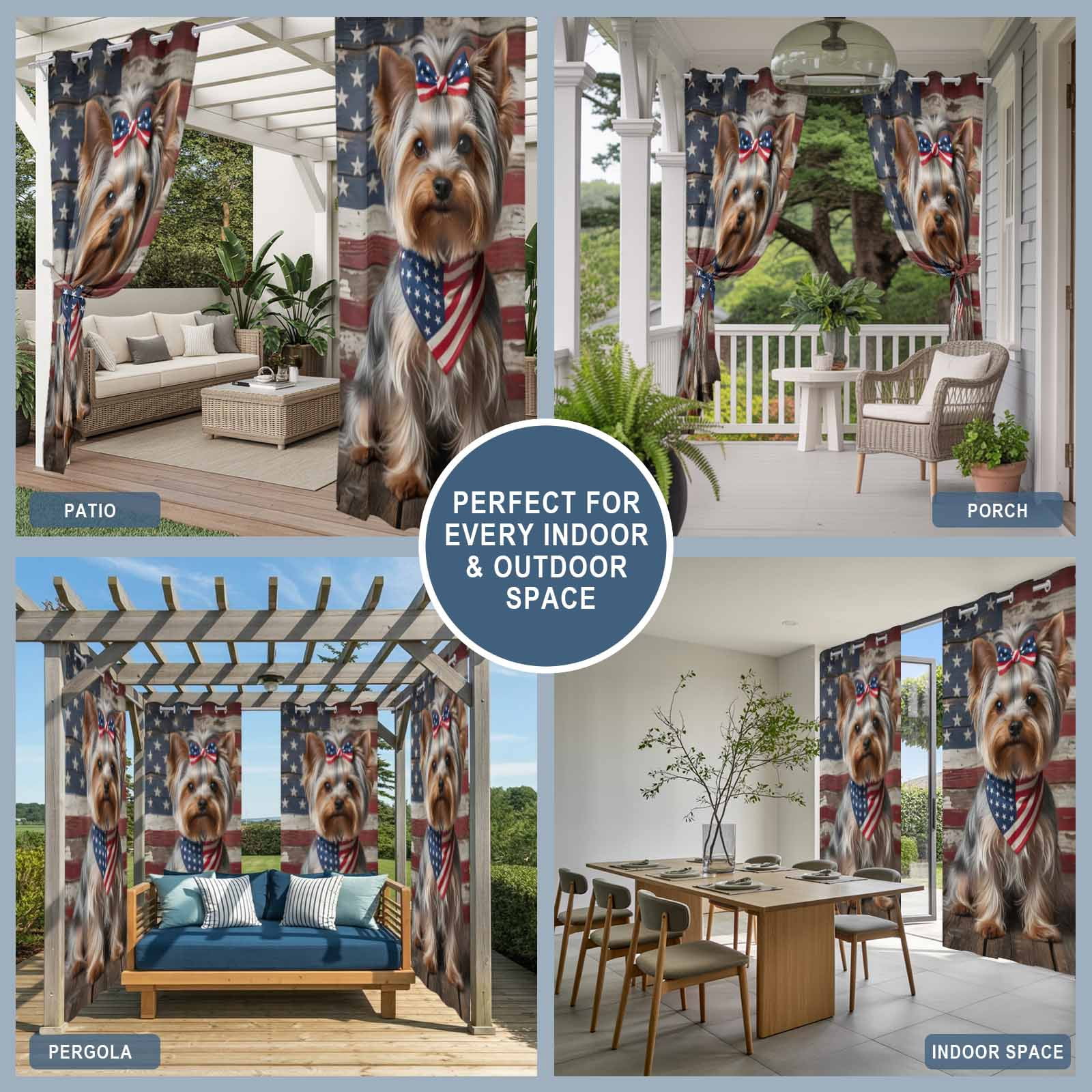 Patriotic Yorkshire Terrier Outdoor Curtains for Patio, Independence Day Retro American Flag Sunshade Privacy Drapes Grommet Waterproof Outside Curtains for Porch/Cabana/Balcony 54"x 108", 1 Panel