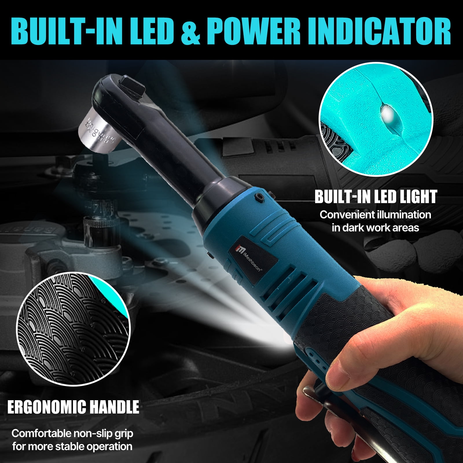 iMeshbean 18V Extended Cordless Ratchet Wrench 1/4 & 3/8" 59 ft-lbs (80 N.m) Electric Impact Wrench 550RPM 2 Battery
