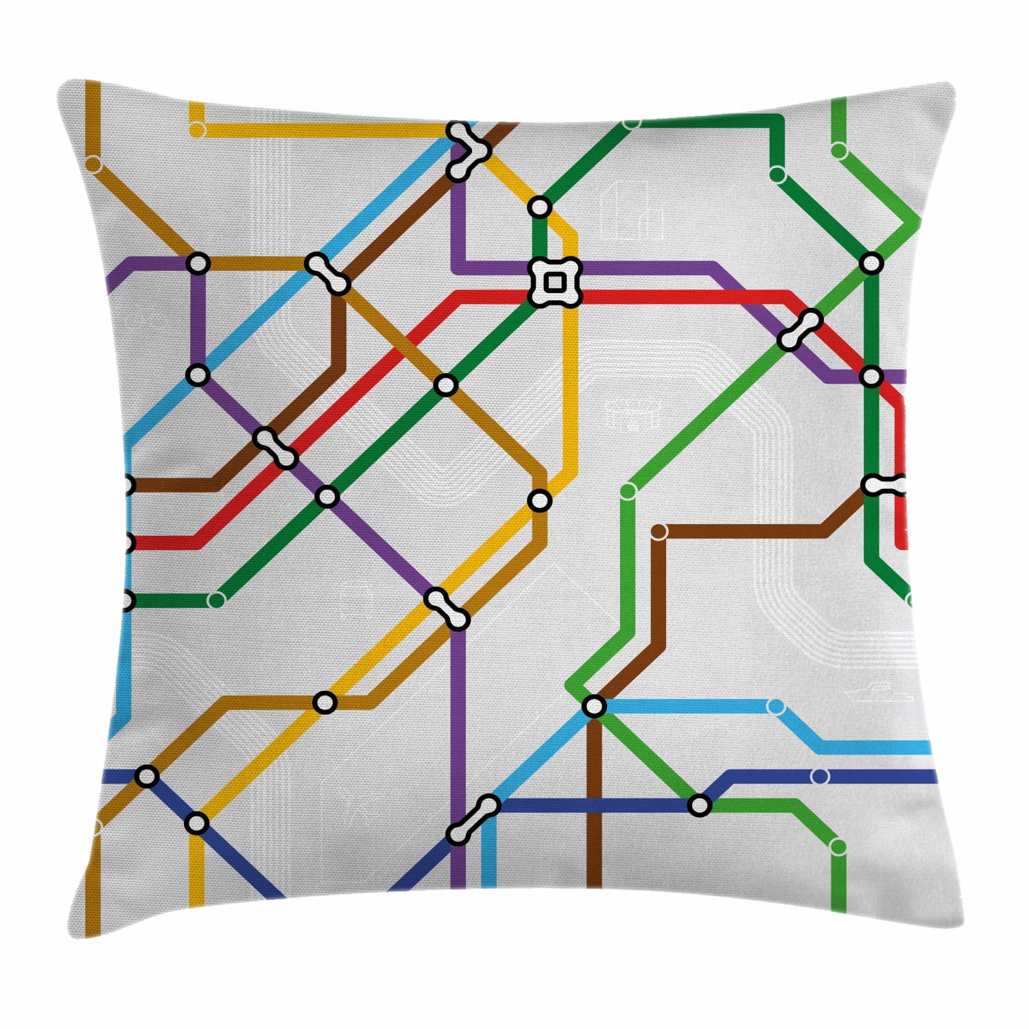 Map Throw Pillow Cushion Cover, Stripes in Vibrant Colors Metro Scheme