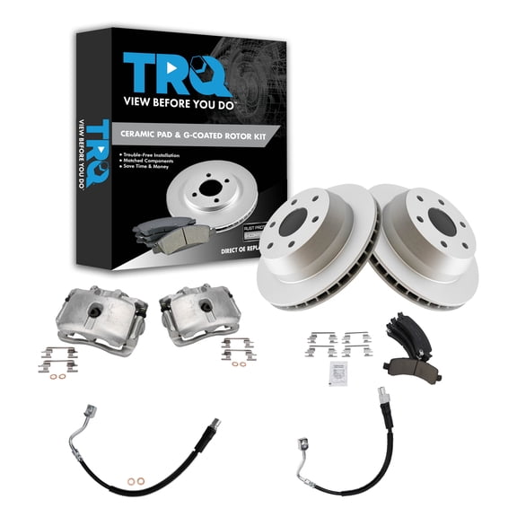 TRQ Rear Brake Pad & Rotor Kit Brake Caliper Brake Hose Brake Pads Brake Rotor Ceramic Premium G-Coated Fits Select 2003-2009 Chevrolet Express 1500 2003-2013 GMC Savana 1500