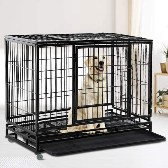 CL.HPAHKL 48inch Heavy Duty Dog Crate, Metal Dog Kennel Double Door Dog Cage with Plastic Tray and Lockable Wheels, Extra Large Crate for Large Dog Indoor Outdoor Travel