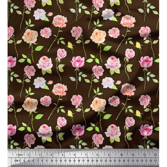 Soimoi Brown Velvet Fabric Leaves & Grandiflora Roses Floral Print Fabric by Yard 58 Inch Wide