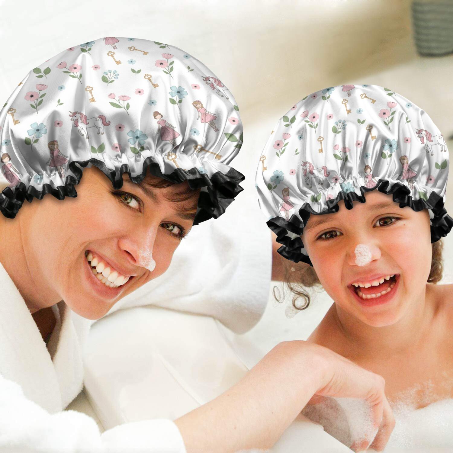Shower Caps,Princess Unicorn Flower Pattern Waterproof Shower Cap for Women 4 Pieces,Double Reusable Hair Cover for Shower PEVA Elastic Stretch Hem