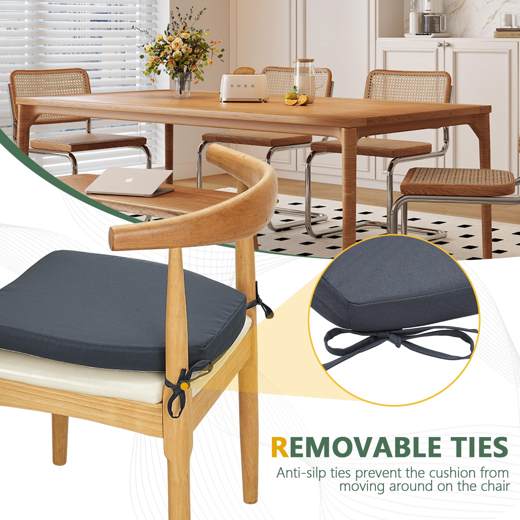 Chair Cushions for Dining Chairs Set of 2, D-Shaped 17" x 16" Memory Foam Seat Cushions, 2" Thick Olefin Kitchen Chair Pads with Ties & Non-Slip Backing, Navy Blue