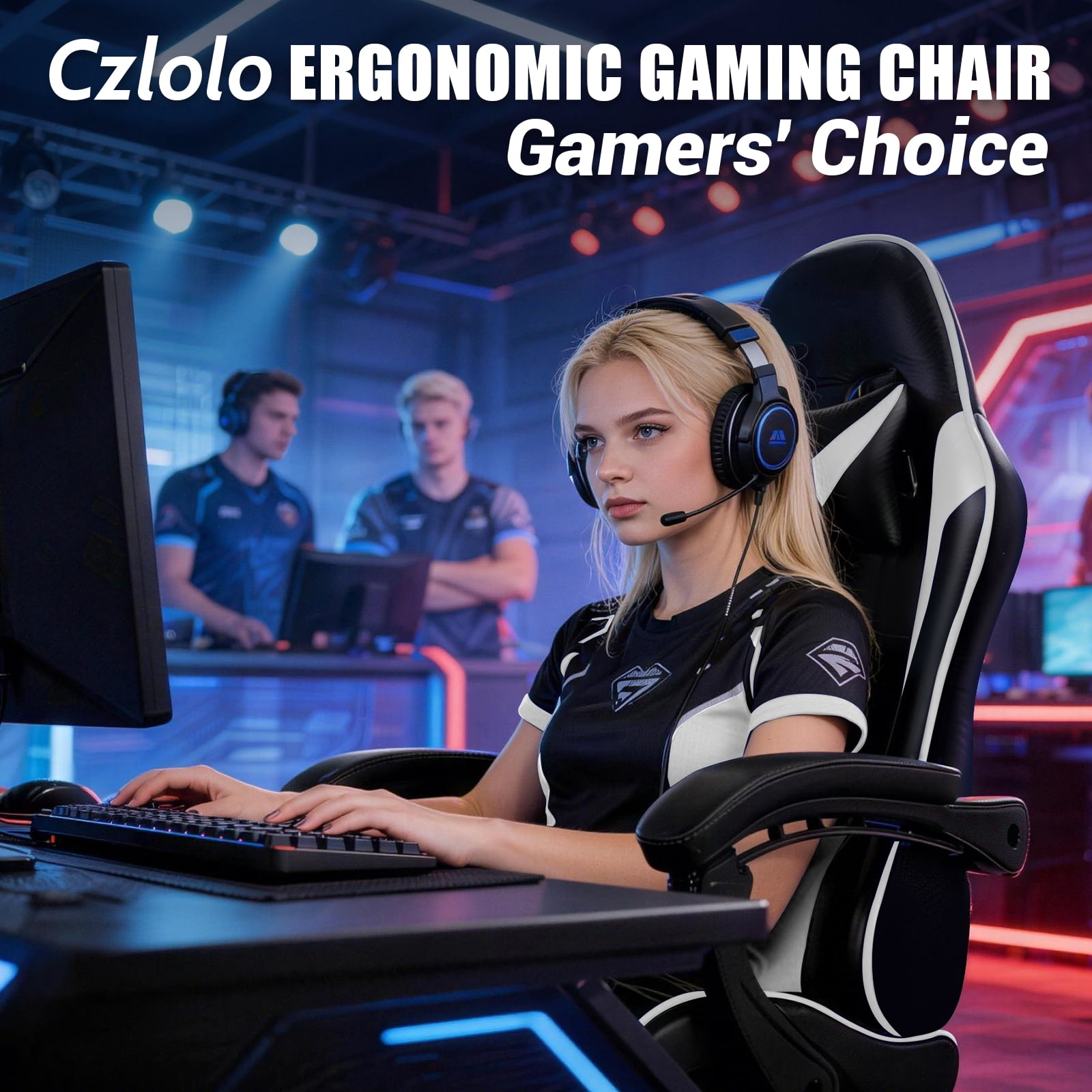 Czlolo Gaming Chair, Lumbar Massager Game Chairs, High Back Reclining, with Headrest Gamer Office Chair.(White)