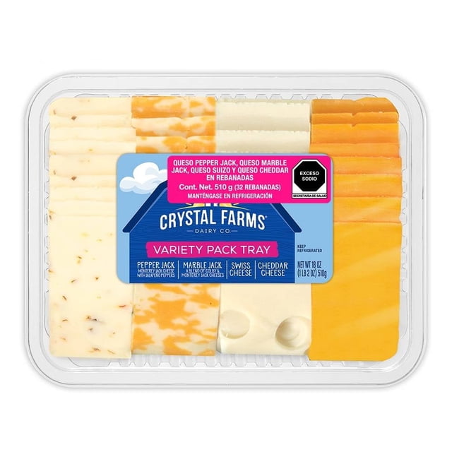 Charola de quesos Crystal Farms rebanados de Marble Jack, Suizo, Cheddar y Pepper Jack 510 g