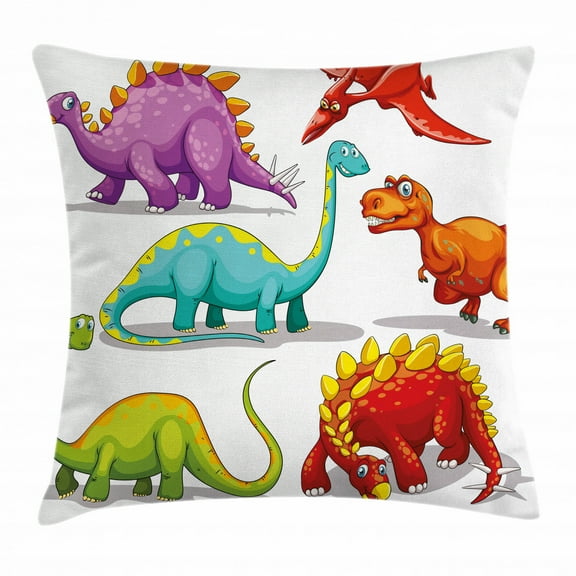 Dinosaur Throw Pillow Cushion Cover, Colorful Funny Different Dino Collection Friendly Wildlife Extinct Animals Ice Age, Decorative Square Accent Pillow Case, 18 X 18 Inches, Multicolor, by Ambesonne