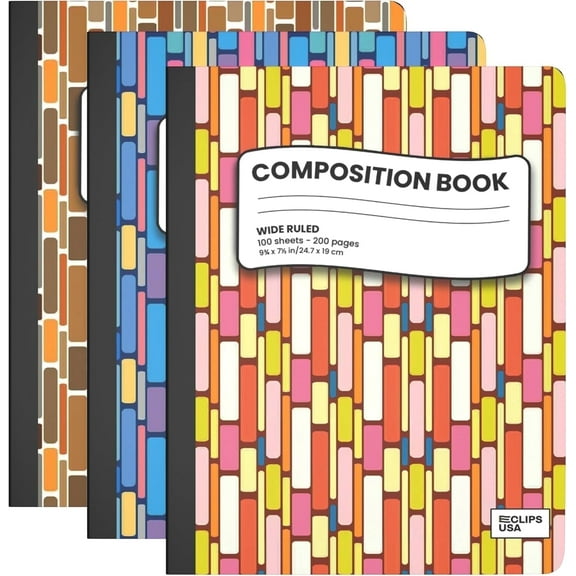 E-CLIPS USA Hard Cover Wide-Ruled Writing Paper Composition Notebooks with Geometric Design, 3-Pack