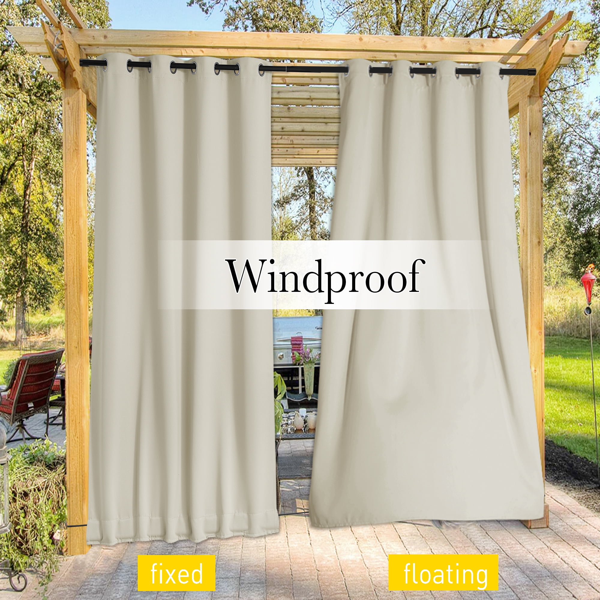 NICETOWN Extra Wide Outdoor Curtains 2 Panels Waterproof & Windproof Blackout Top Grommet & Bottom Backtab Drapes for Pergola with Fixed Rope, W84 x L95, Beige