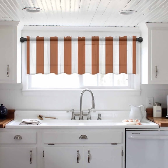 Burnt Orange Stripe Valance Curtains for Kitchen/Living Room/Bathroom/Bedroom Window, Farmhouse Striped Abstract Art Rod Pocket Small Topper Half Short Window Curtains Voile Sheer Scarf 54"x18"