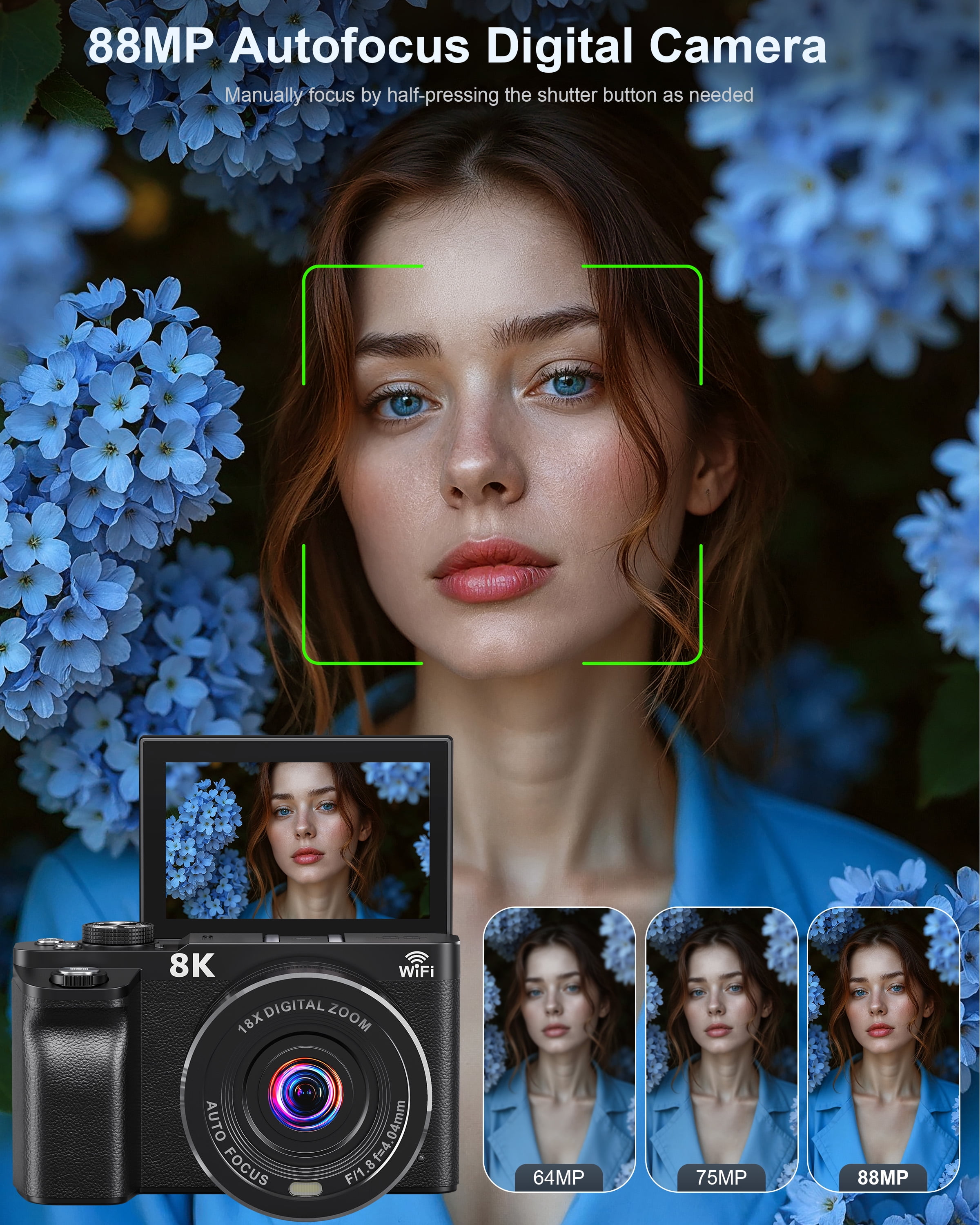 MARVUE 8K Digital Cameras for Photography WiFi Autofocus 88MP 18X Zoom Vlogging Camera for Youtube with 3" 180° Flip Screen, 64GB Card