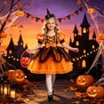 thumbnail image 3 of Mnyotv Irregular Mesh Dresses for Girl Halloween Outfits Puff Sleeve Dress Witch Hats and Pumpkin Buckets Size 9-10Y, 3 of 7