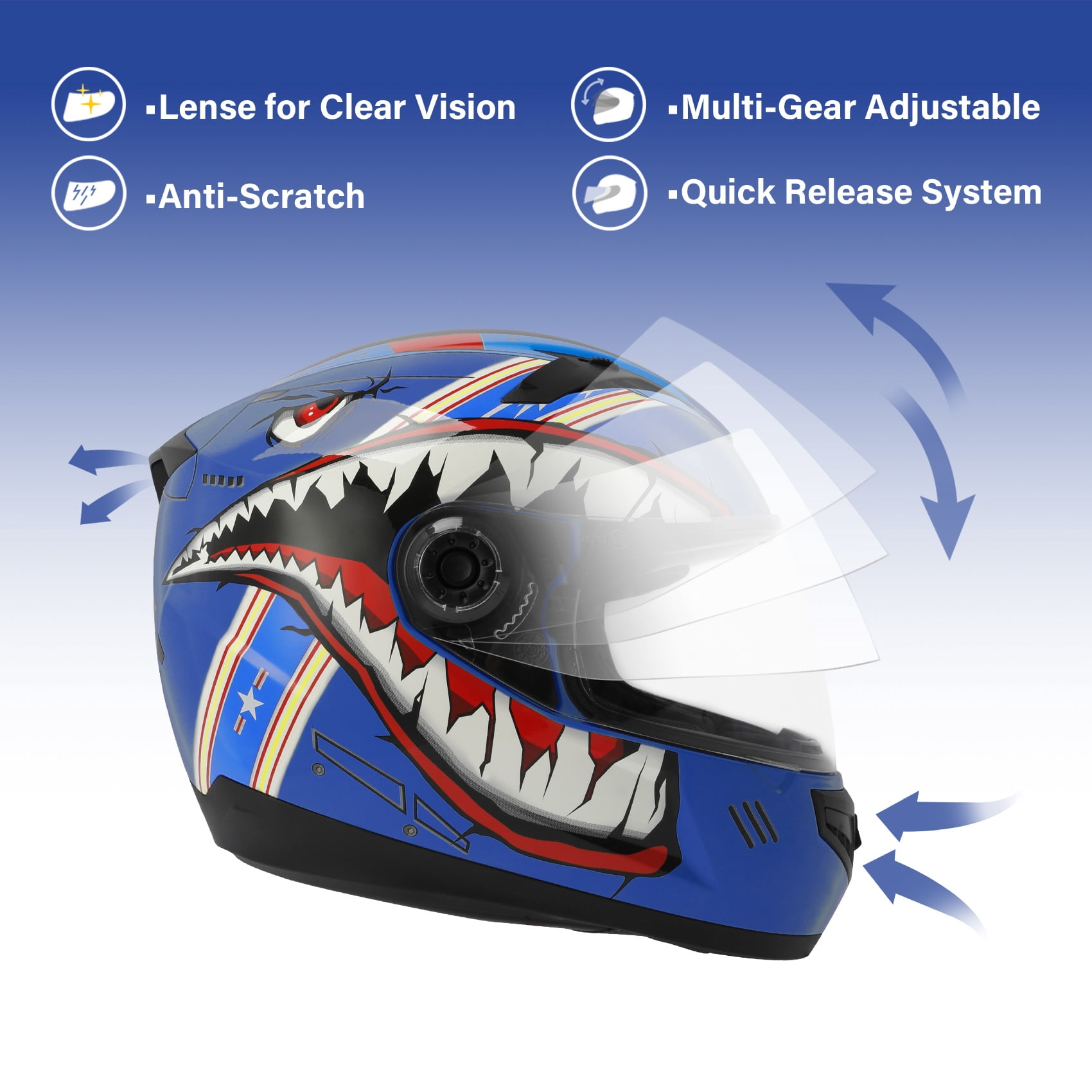 TCMT DOT Full Face Helmet for Kids & Youth Flip Up Visor for Motorcycle Atv Mx Motocross Offroad Street Dirt Bike Blue Youth XXL Size