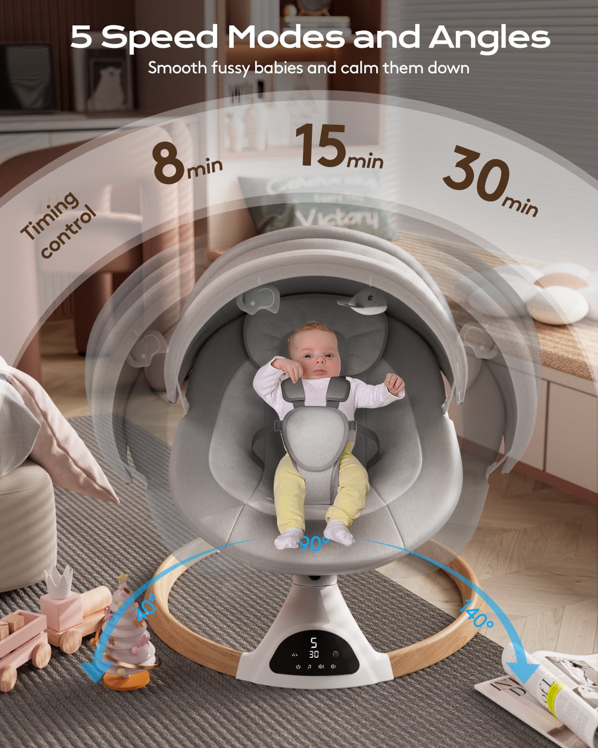 Babyomi Baby Swing for Infant, Electric Bluetooth Swing Rocker with 5 Sway Speeds& 10 nursery rhyme , Gray