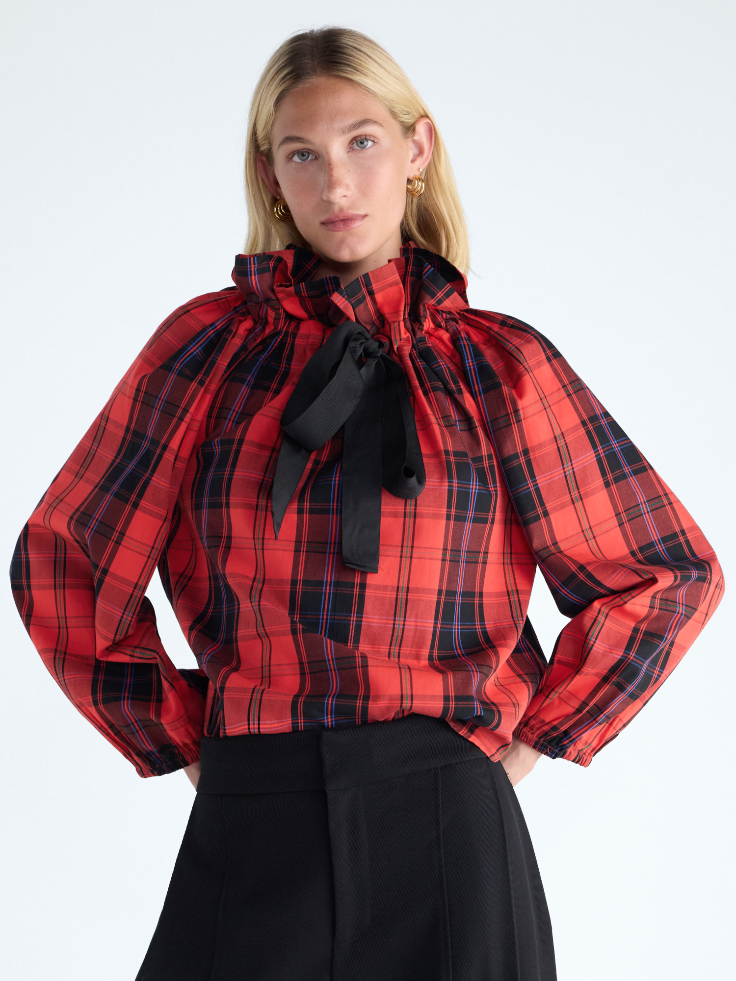 Free Assembly Women's Ruffle Tie Neck Cotton Top, Red photo 1