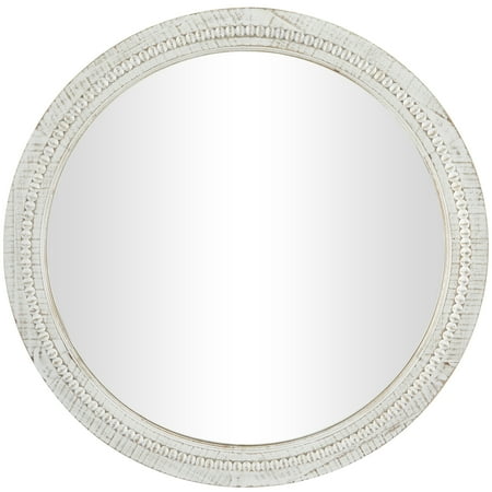 DecMode Metal Bohemian Pearled Round Double Framed Wall Mirror 36 W x 36 H  with Distressed White Finish and Brown Accent Highlights