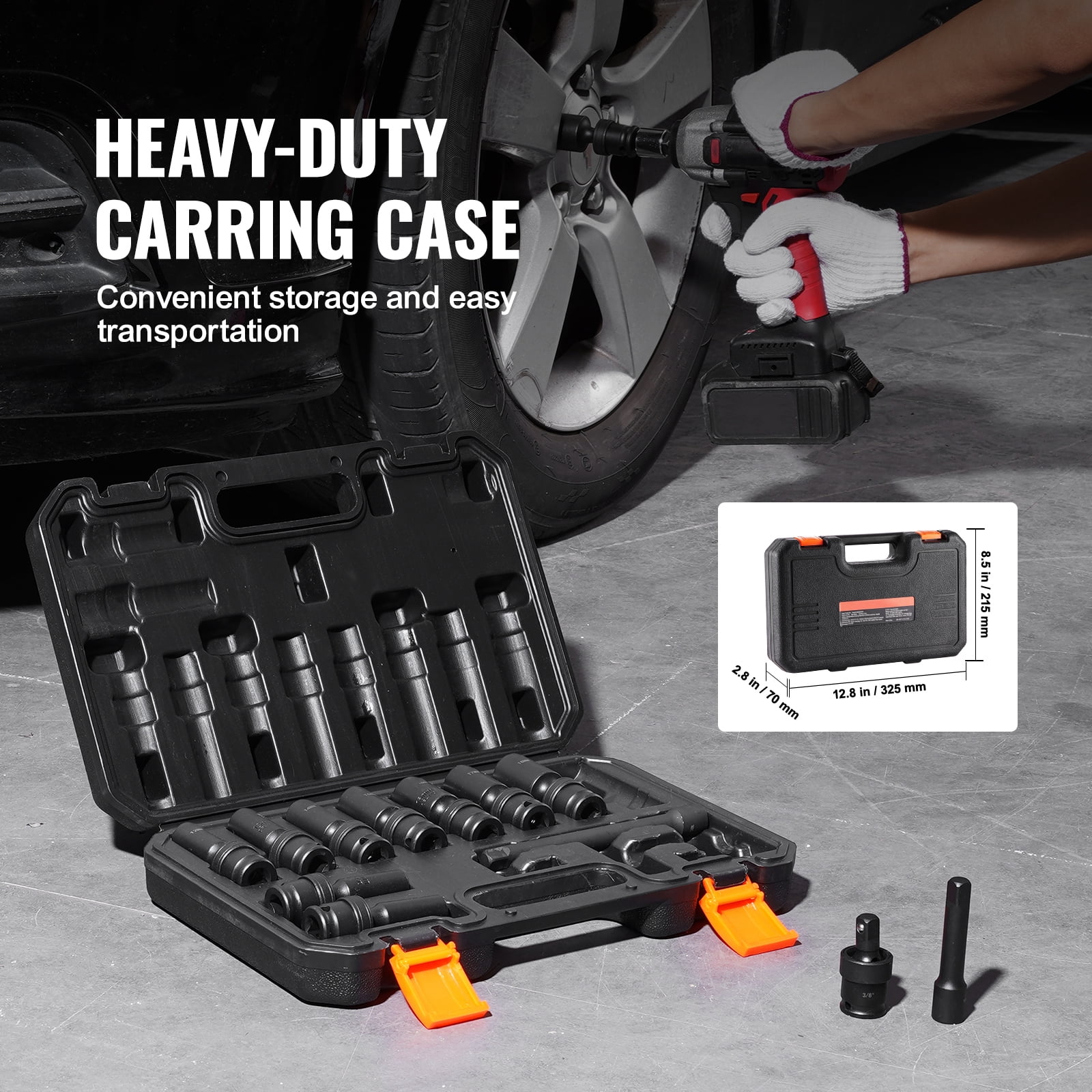 KFFKFF Rotating Impact Socket Kit, 14PC Universal Set - 3/8" Drive Deep Metric 10-19mm, 6PT Cr-Mo Alloy Steel, Auto Repair, Clear Size Labels, Durable Build