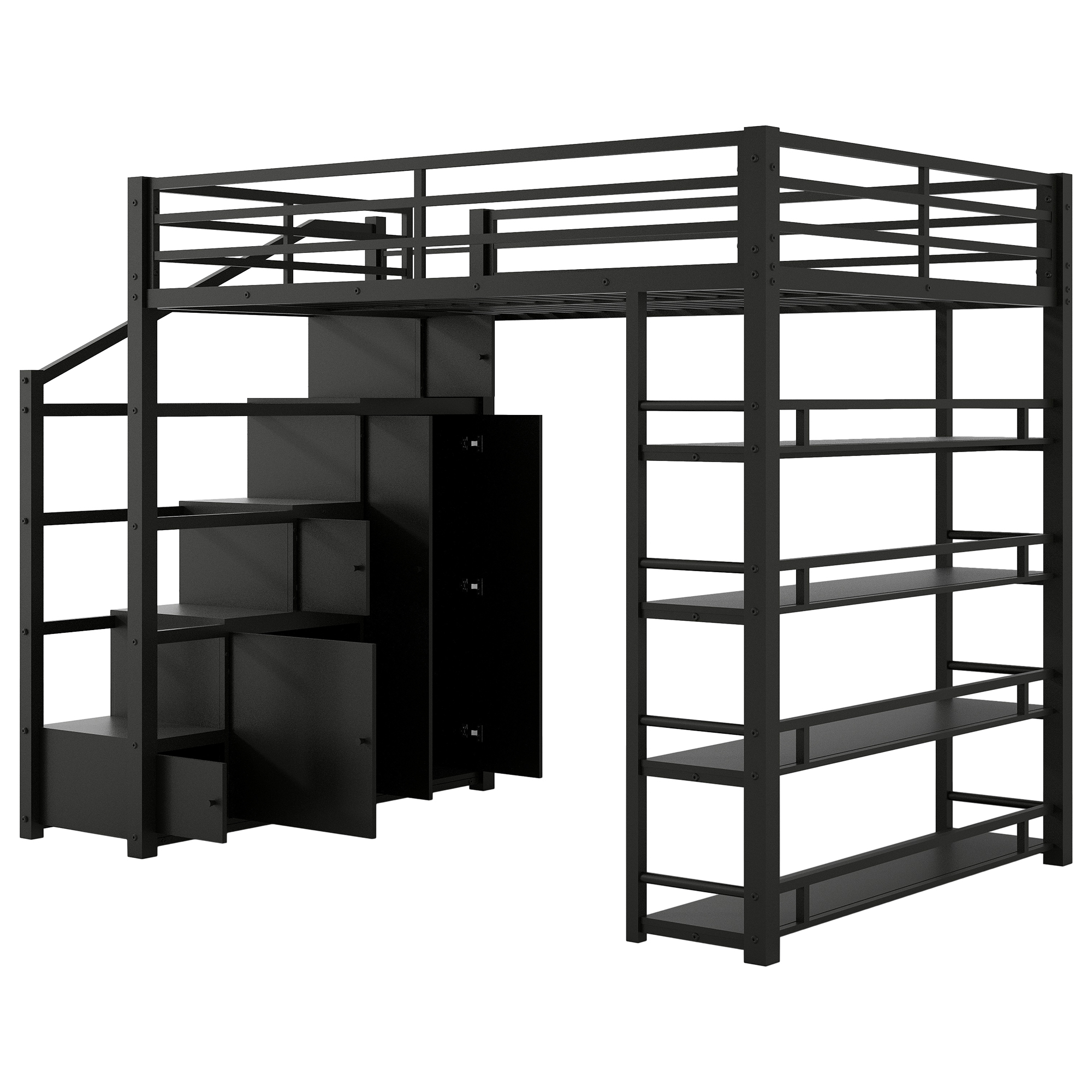 Euroco Full Size Metal Loft Bed with Storage Shelves and Cabinets, Open Wardrobe and Staircase, Black