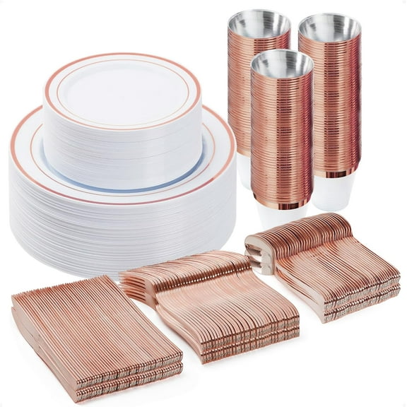 300PCS Plastic Dinnerware Set (50 Guests), Rose Gold Disposable Plates for Party, Wedding, Anniversary, Includes: Dinner Plates, Dessert Plates, Cups, Spoons, Forks and Knives