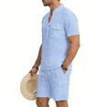 thumbnail image 2 of GrmtClth Mens Linen Set Breathable Henley Clothing Classic Button Down Outfit Trend Short Sleeve with Pocket Light Blue 3XL, 2 of 4