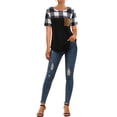 thumbnail image 4 of Women Plaid Print Pocket Patchwork Contrast Color Short Sleeve Top, 4 of 4