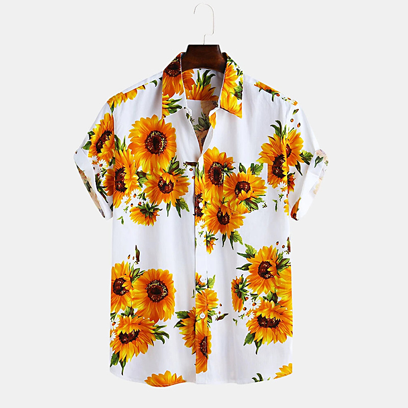 Men's Short Sleeve Shirt Sunflower Printed Lapel Button Down Street Style  Blouse Simple Summer Tops Beachwear