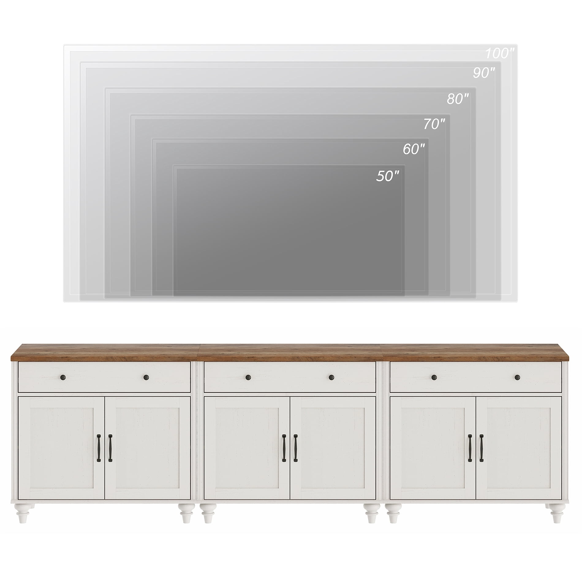 Credenzas & Sideboards with 6 Doors and 3 Drawers, Large Coffee Bar Table Wooden Kitchen Storage Cabinets, Modern Farmhouse Buffet Cabinet for Dining Room, White, 101 Inch
