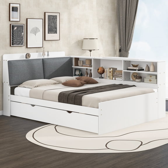 Noble House Arford Full Size Platform Bed with Trundle and Upholstered Storage Headboard, Solid Pine Wood, White
