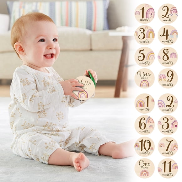 16 Double-sided Printed Rainbows Wooden Baby Photography Props Wood Chip Month Newborn Commemorative Wooden Plates