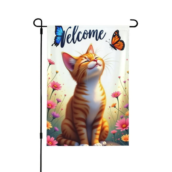 Welcome Spring Garden Flag 12x18 Inch Double Sided Cute Kitten Butterfly Flowers Garden Yard Flag Outdoor Decor