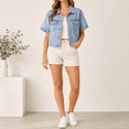 thumbnail image 3 of Mrat Women's 3/4 Sleeve Short Denim Jacket Light Cropped Jean Jackets Coats Denim Blazer for Women S-35 Light Blue XL, 3 of 9