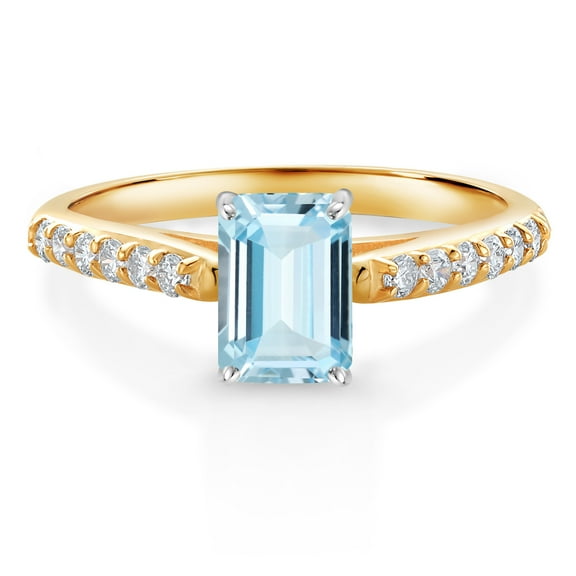 Gem Stone King 0.98 Ct Sky Blue Aquamarine G/H Lab Grown Diamond 10K Yellow and White Gold Engagement Ring (Size 5)