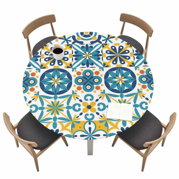 Yellow Teal Floral Round Fitted Tablecloth with Elastic Edge Vintage Mediterranean Tile Yellow Teal Flower Table Cover Fit for 45"-54" Tables Waterproof Tablecloths for Dinner Camping Picnic
