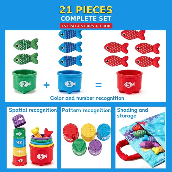 Montessori Fishing Toy Activity Mat, Soft Sensory Crawling Play Mat with Plush Fish and Fishing Rod, Early Learning Educational Toy for Babies and Toddlers