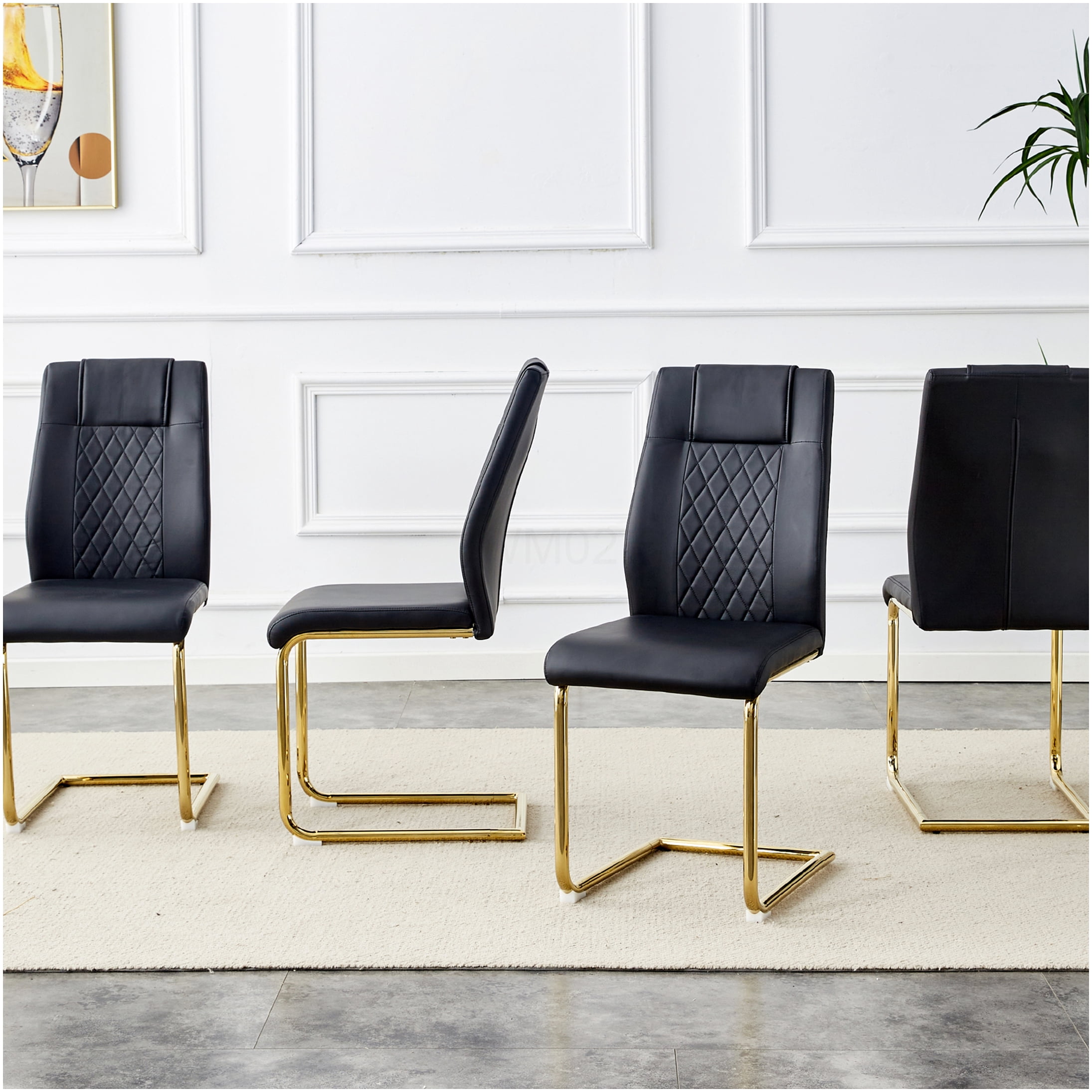 Modern Dining Chairs Set of 6, Black PU Leather Upholstered Side Chairs with Gold Metal Legs for Kitchen Dining Room
