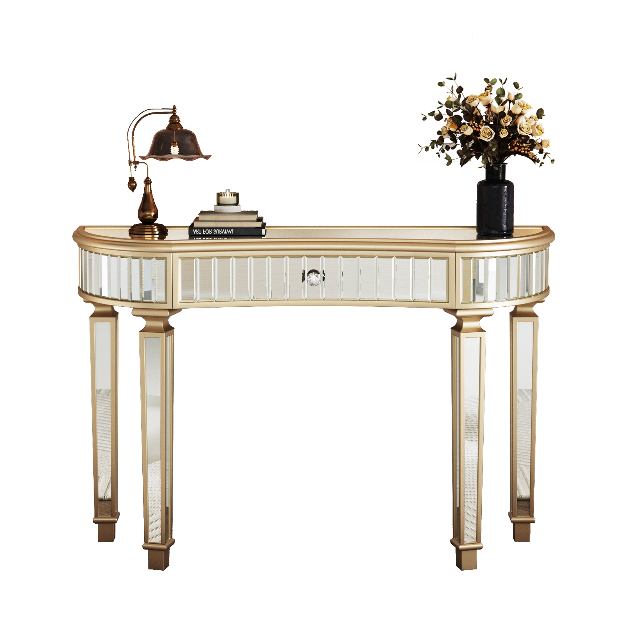47" Half-Moon Mirrored Console Table with Fluted Glass & Crystal Knob Drawer - Silver Entryway Vanity Desk for Bedroom/Dressing Room(Gold+Sliver)