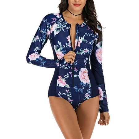Ladies Women Floral One Piece Swimwear Long Sleeve Swimsuit Plus Size Surfing Beachwear Diving Suit Bathing Suit Wetsuit Swimming Costumes Push Up Padded for Surfing Swimming