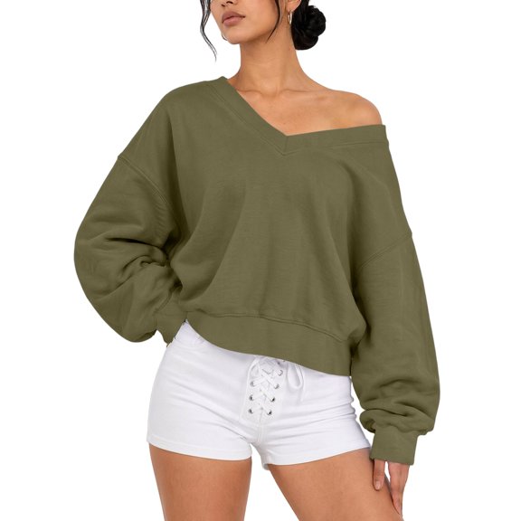 ClodeEU Women's Off Shoulder Long Sleeve Sweatshirt,Casual Loose Solid Slant Shoulder Pullover Tops ,Women's Plus L
