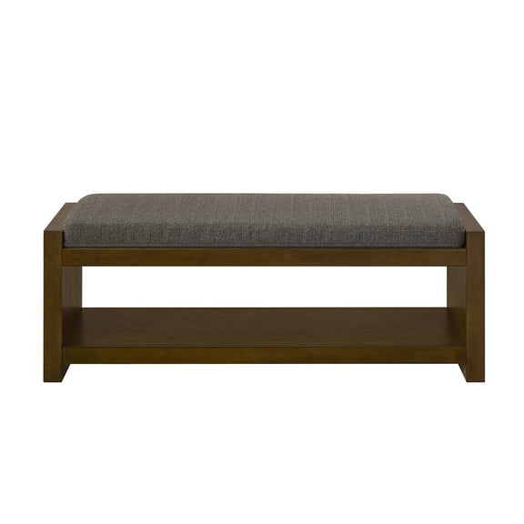 Xukmct 47" Wood Frame Bench with Lower Shelf, Upholstered Removable Padded Seat Cushion Bench for Living Room, Bedroom, Gray
