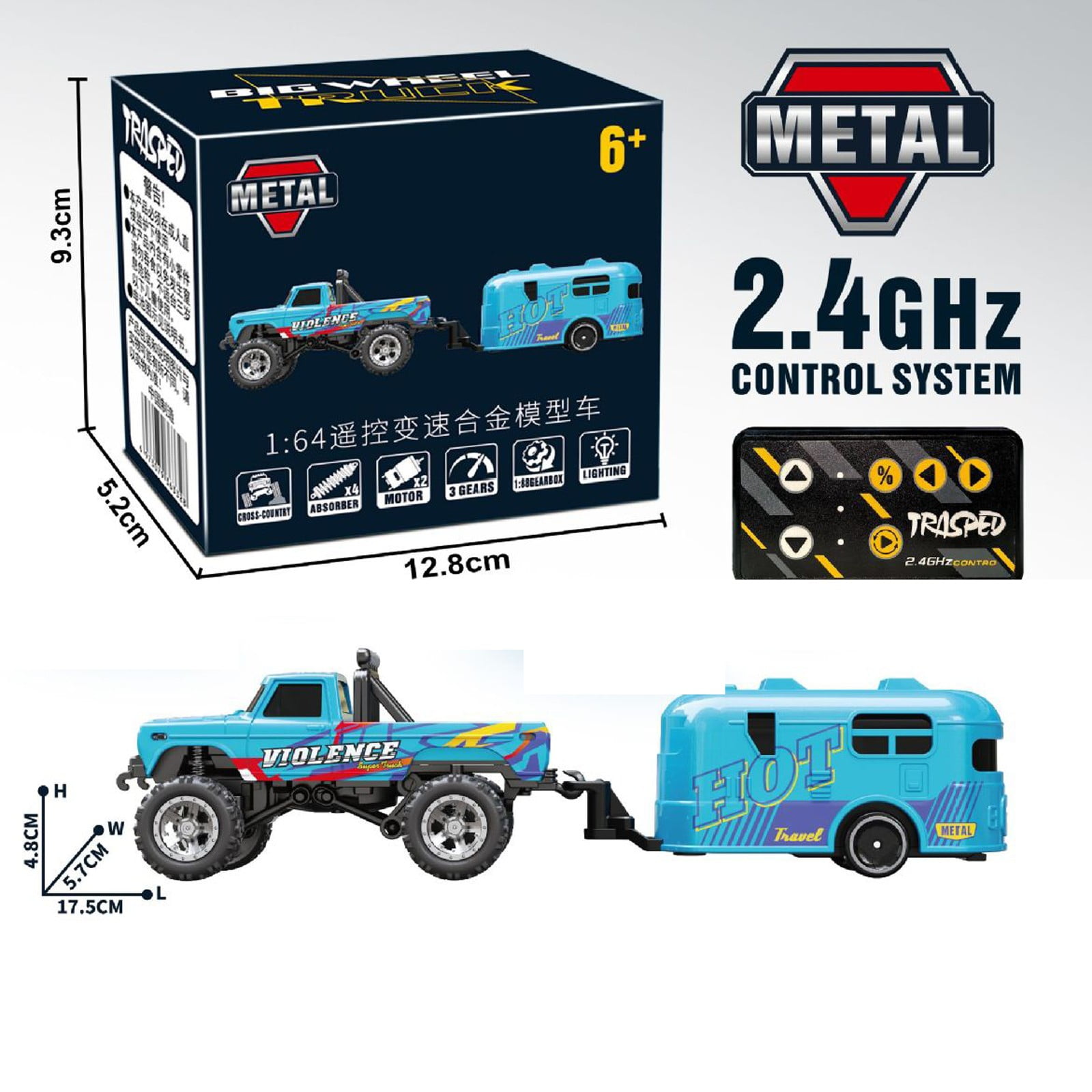 64 Scale Rc Truck With Trailer Remote Control Car Usb-C Rechargeable Alloy Body Three-Speed Control 4Ghz Remote Control With Lights Portable For All-Ages Hobbyists