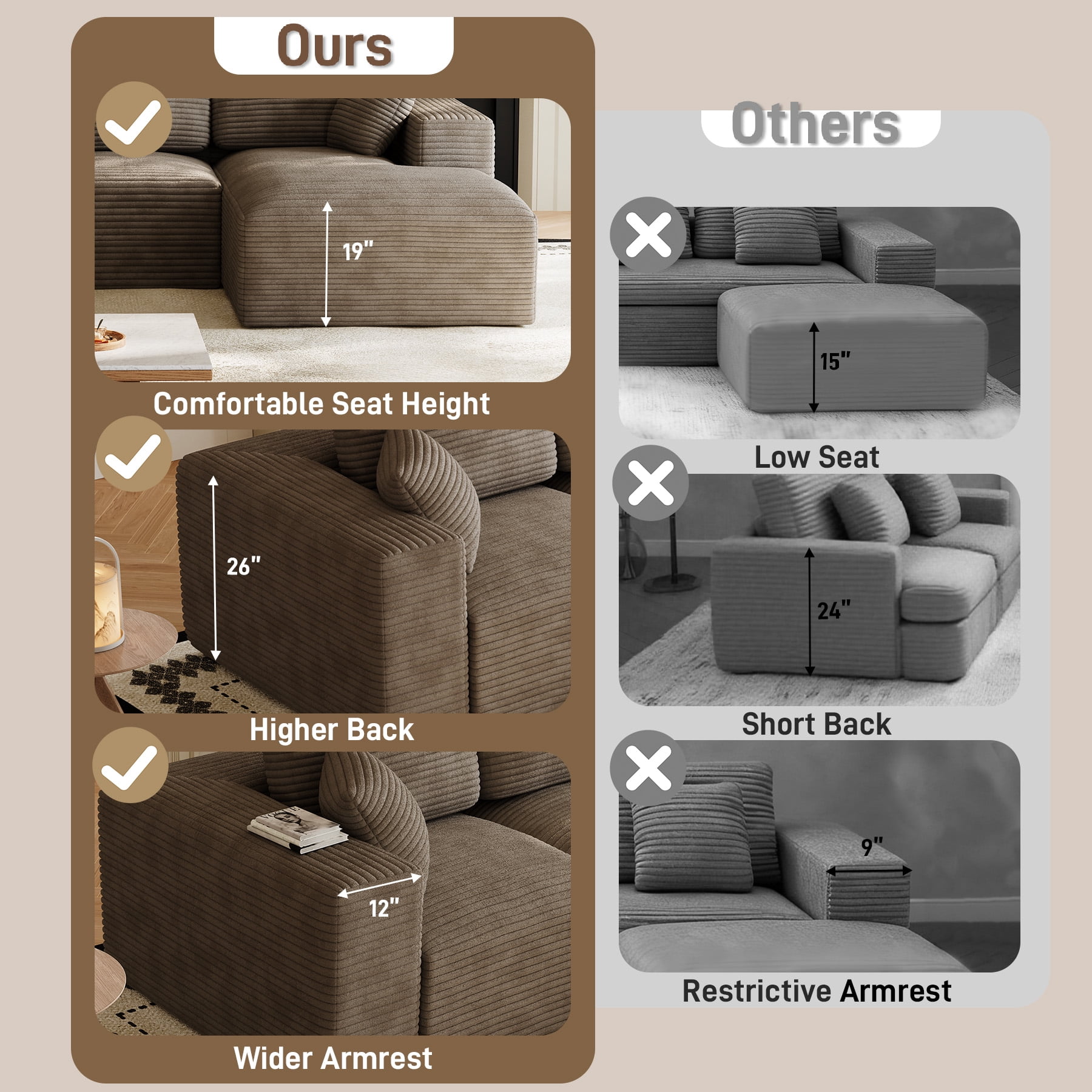 Wiilayok 109" Cloud Sectional Couch with L-Shape Chaise,Modern Modular Sofa with Deep Seat, Comfy Boneless Upholstered Couches for Living Room Bedroom,Light Brown