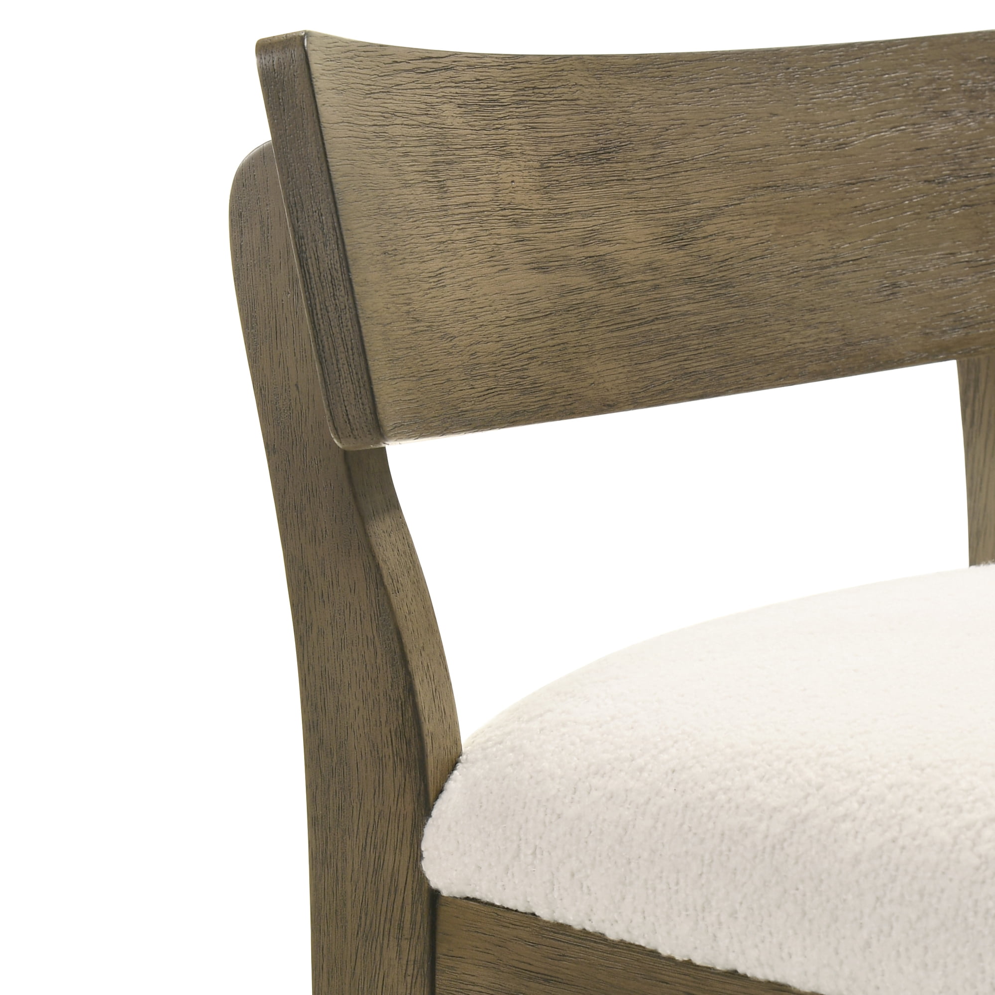 Merie Modern Transitional Wood Bar Height Kitchen Bar Stool in Putty Brown Finish with White Boucle Fabric Upholstered Seat