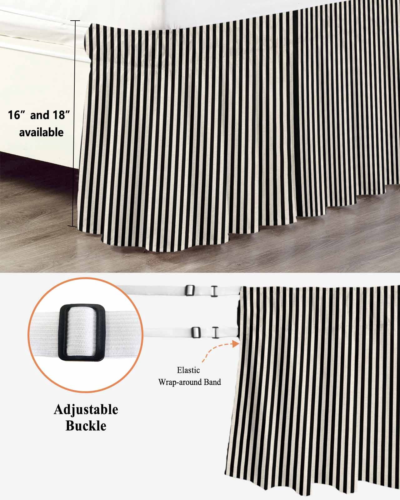 Black Striped Wrap Around Bed Skirts for California King Bed 18" Drop,Bed Skirt with Adjustable Elastic Belt Dust Ruffle Bed Valance for Bedroom Modern Simple Farmhouse Beige Vintage Bed Frame Cover