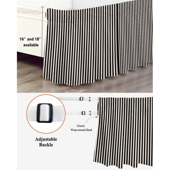 Simple White Striped Bed Skirt California King Size 16 Inch Drop, Black Stripe Vintage Linen Texture Adjustable Elastic Dust Ruffles Bedskirt Wrap Around Pleated Mattress Frame Cover