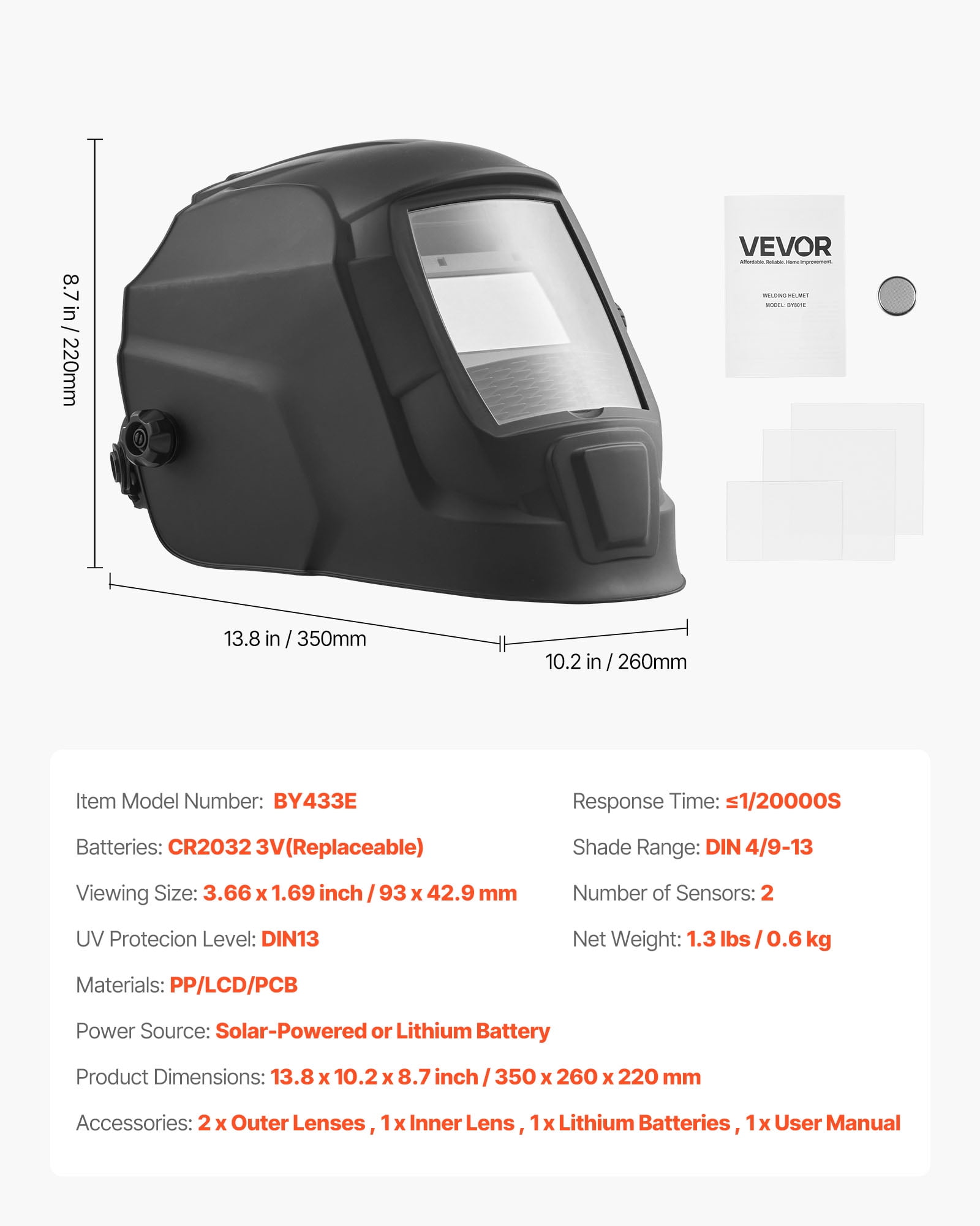 VEVOR Welding Helmet Auto Darkening, 3.66" x 1.69" True Color Welding Hood, Solar Powered Welder Mask 2 Arc Sensors, Shade 4/9-13 for TIG MIG ARC Weld Grinding - CRIUS Series (Matte Black)