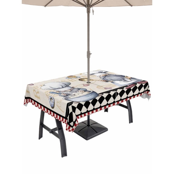 Outdoor Tablecloths with Umbrella Hole & Zipper, Vintage Gnomes 60 x102 Inch Rectangle Tablecloths, Black Red Checkered Retro Art Waterproof Table Cloth, Patio/Pool/Picnic Table Covers