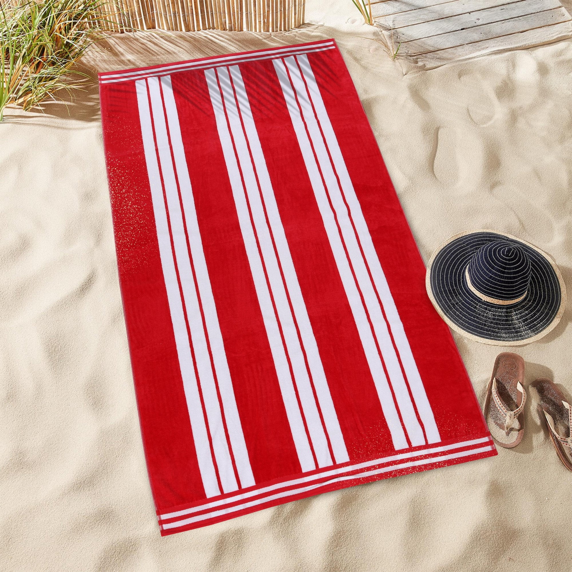 Superior Cotton Striped Oversized Beach Towel Set of 2, 34" x 64", Red
