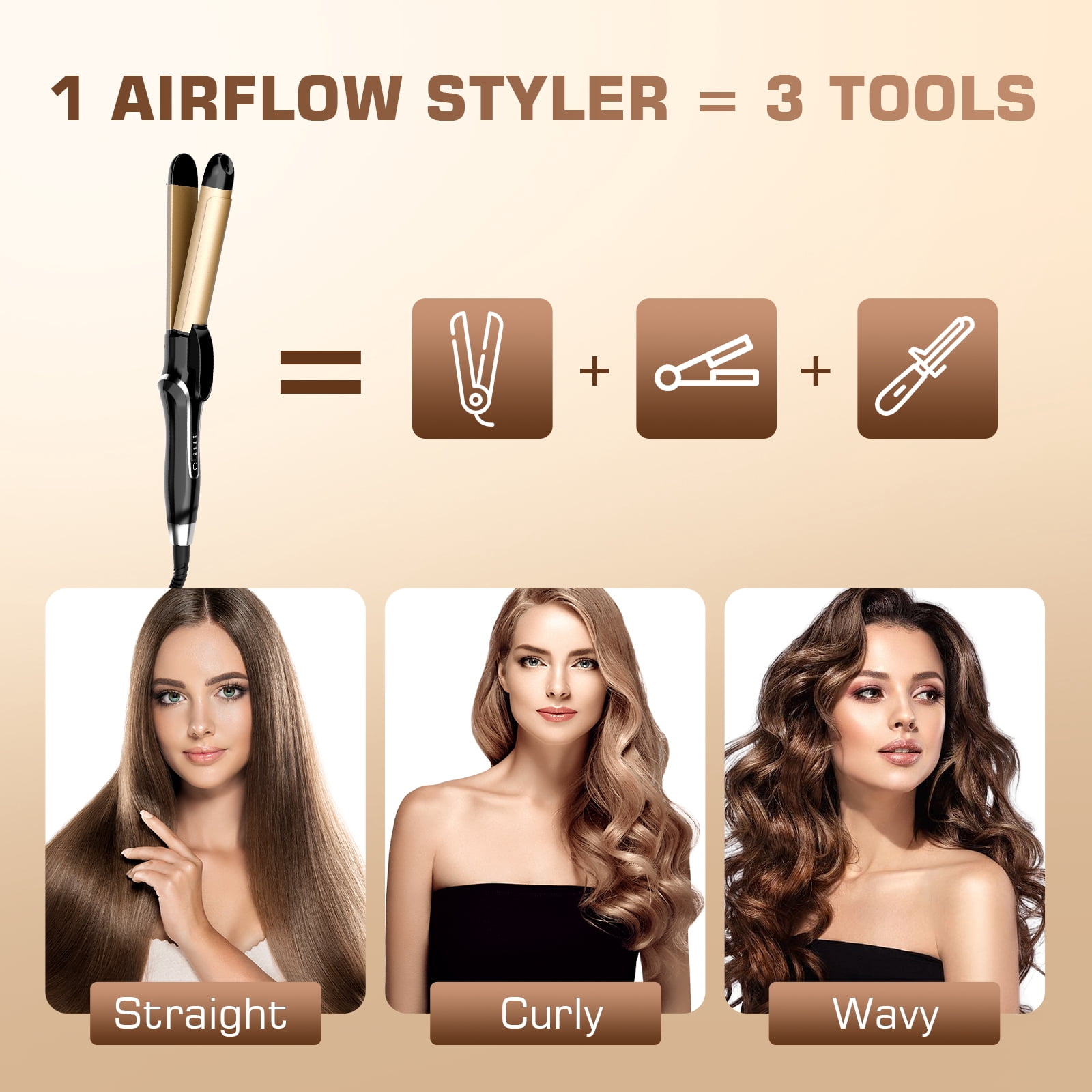 Ceramic Hair Straightener and Curler 2 in 1 - Curling Iron 1.25 In , Adjustable Temp 450°F, Dual Voltage, Anti-Tangle Barrel for Salon Shine, Frizz-Free Curls & Straight Styles for All Hair