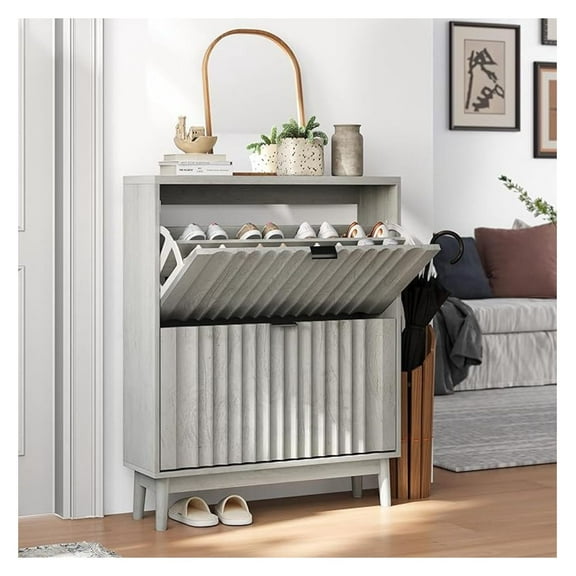 31.5''W Shoe Cabinet for Entryway with 2 Drawers, Narrow Wood Shoe Storage Cabinet with Fluted Panel, Freestanding Shoe Organizer for Foyer, Hallway, Grey