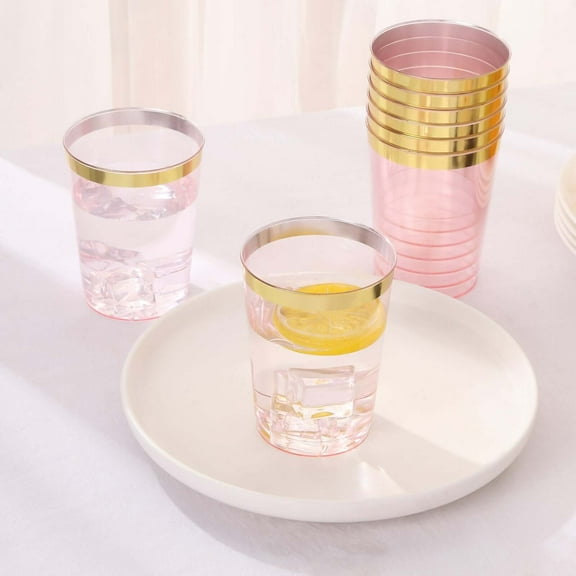 Efavormart 25 Pack Blush Crystal Plastic Tumbler Drink Glasses With Gold Rim, 10oz Disposable Party Cups